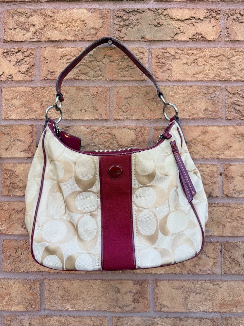 Coach Signature Vintage Y2K Khaki & Wine Hobo Handbag
